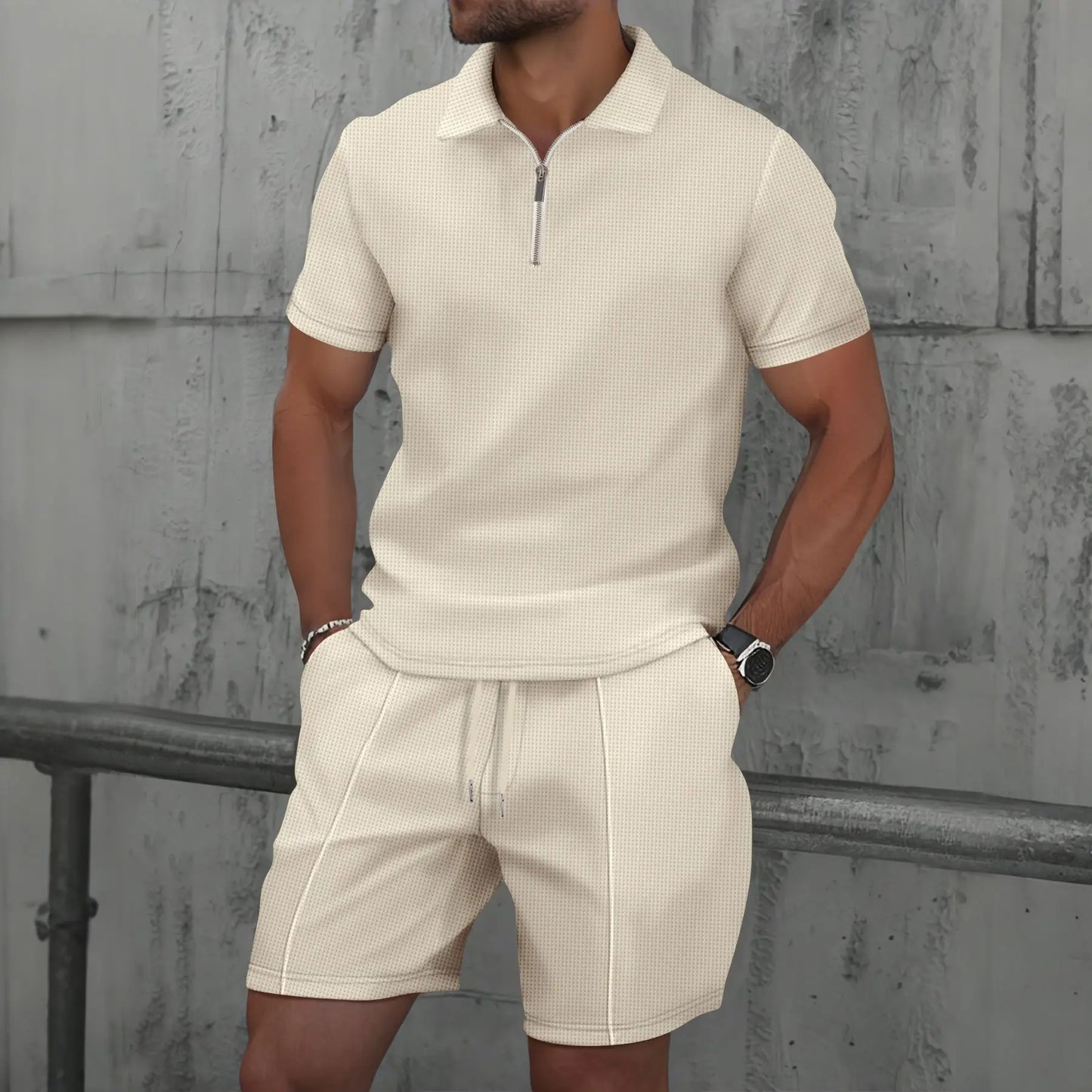 Summer Men Suits Solid Color Waffle Lapel Slim-Fit Casual Fashion Zip-Up Short Sleeve Shirts Suit Shorts Two Sets