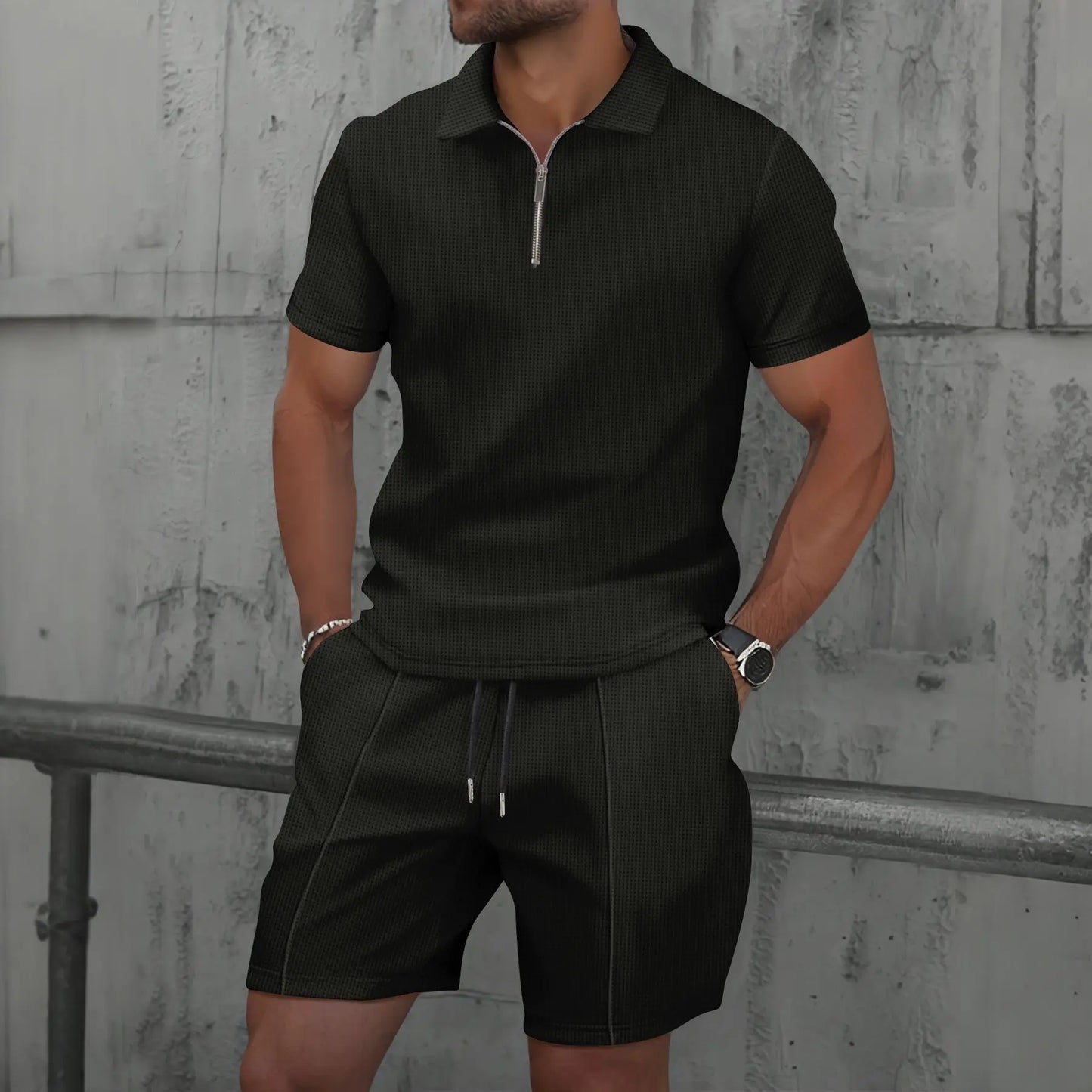 Summer Men Suits Solid Color Waffle Lapel Slim-Fit Casual Fashion Zip-Up Short Sleeve Shirts Suit Shorts Two Sets