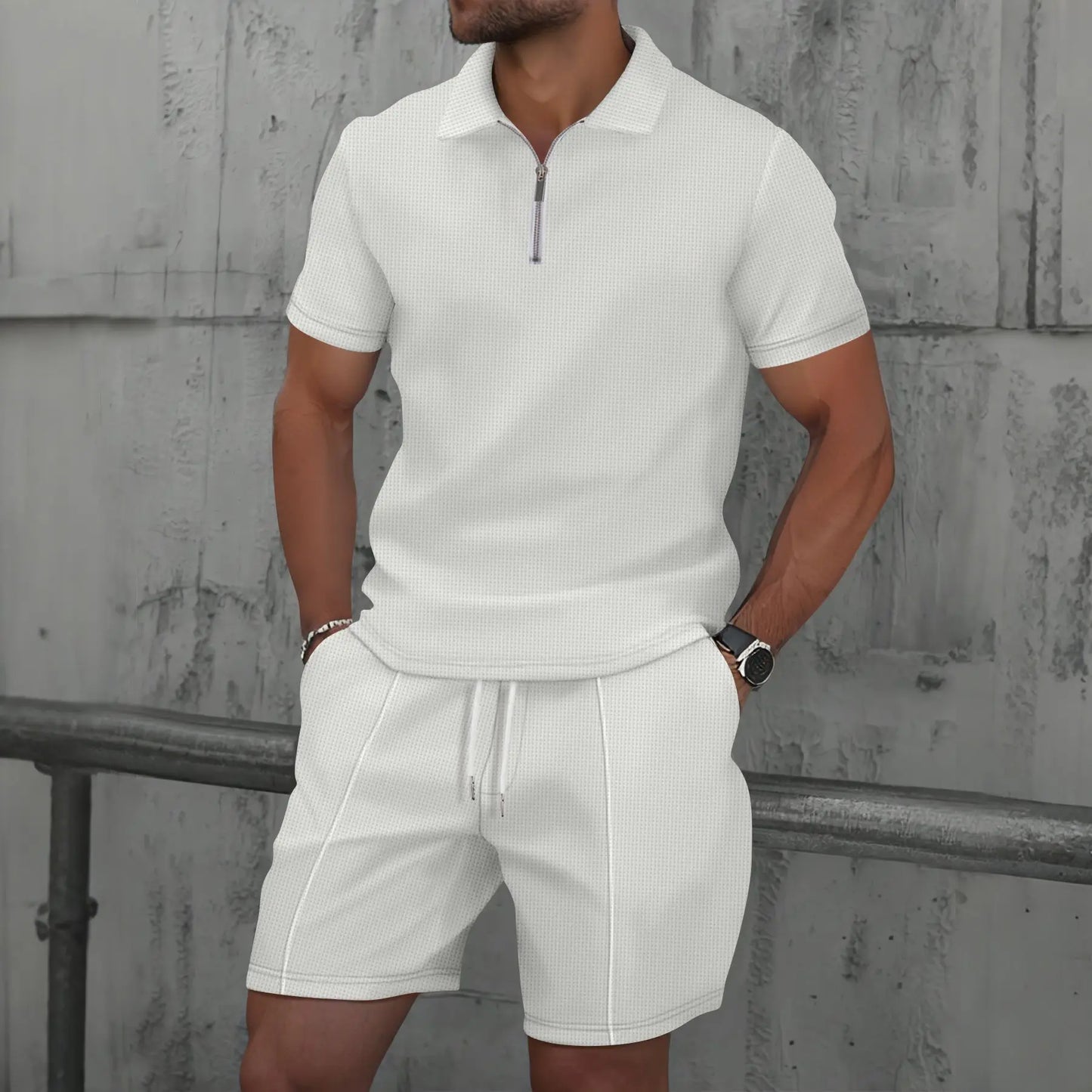 Summer Men Suits Solid Color Waffle Lapel Slim-Fit Casual Fashion Zip-Up Short Sleeve Shirts Suit Shorts Two Sets