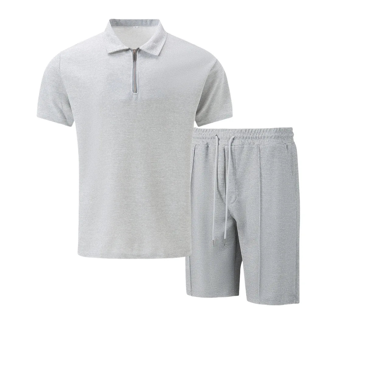 Summer Men Suits Solid Color Waffle Lapel Slim-Fit Casual Fashion Zip-Up Short Sleeve Shirts Suit Shorts Two Sets
