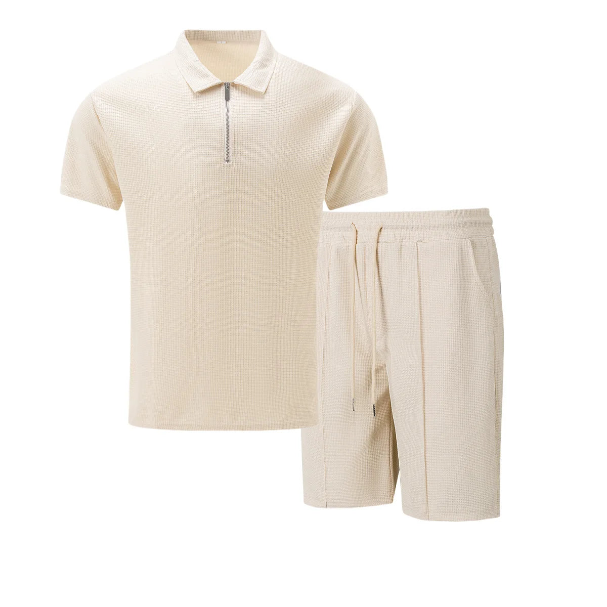 Summer Men Suits Solid Color Waffle Lapel Slim-Fit Casual Fashion Zip-Up Short Sleeve Shirts Suit Shorts Two Sets