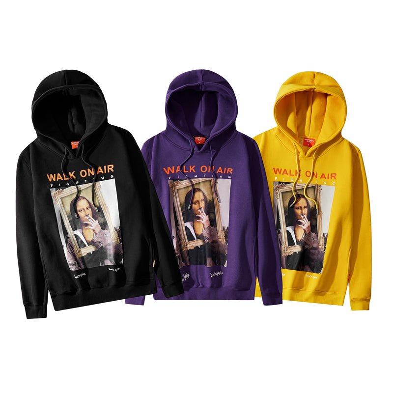 Casual Funny Mona Lisa Smoking Print Yellow Hoodies Tops Hip Hop Sweatshirts Pullover Hooded Streetwear Fleece Hoodie-4