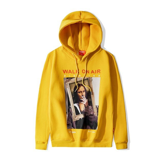 Casual Funny Mona Lisa Smoking Print Yellow Hoodies Tops Hip Hop Sweatshirts Pullover Hooded Streetwear Fleece Hoodie-6