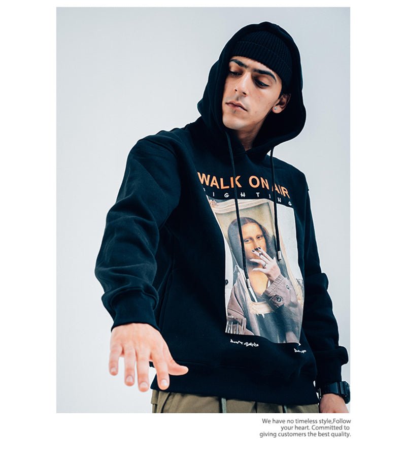 Casual Funny Mona Lisa Smoking Print Yellow Hoodies Tops Hip Hop Sweatshirts Pullover Hooded Streetwear Fleece Hoodie-2