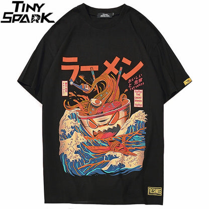 Japanese Harajuku T-Shirt Men Summer Hip Hop T Shirts Noodle Ship Cartoon Streetwear Tshirts Short Sleeve Casual Top Cotton-0