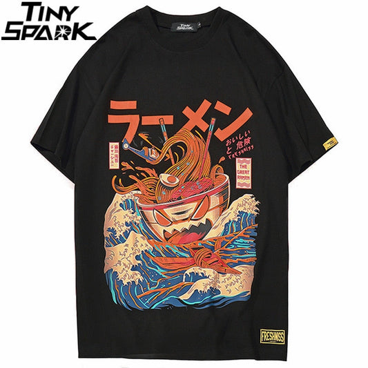Japanese Harajuku T-Shirt Men Summer Hip Hop T Shirts Noodle Ship Cartoon Streetwear Tshirts Short Sleeve Casual Top Cotton-1