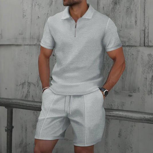 Summer Men Suits Solid Color Waffle Lapel Slim-Fit Casual Fashion Zip-Up Short Sleeve Shirts Suit Shorts Two Sets