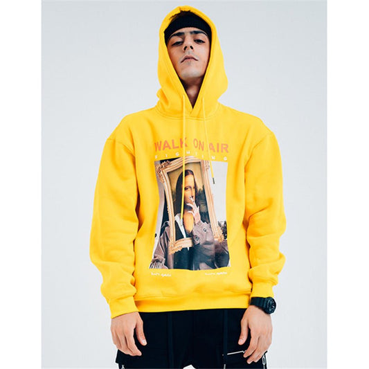 Casual Funny Mona Lisa Smoking Print Yellow Hoodies Tops Hip Hop Sweatshirts Pullover Hooded Streetwear Fleece Hoodie-0