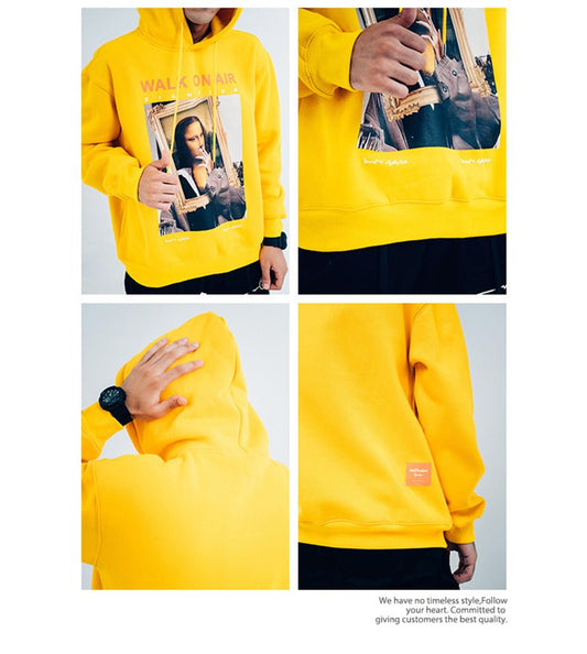 Casual Funny Mona Lisa Smoking Print Yellow Hoodies Tops Hip Hop Sweatshirts Pullover Hooded Streetwear Fleece Hoodie-1